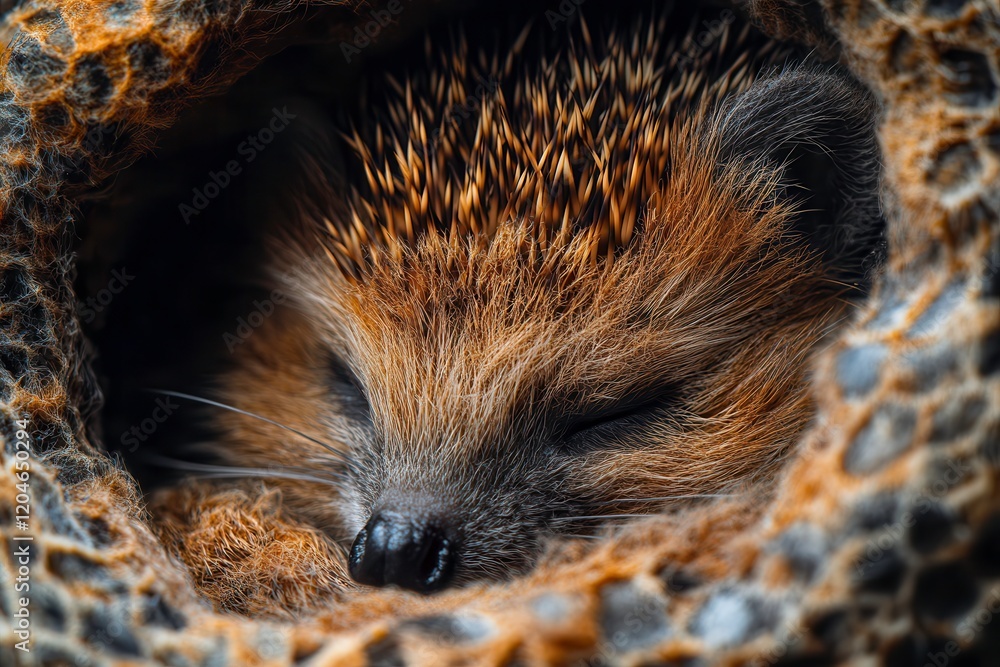 Poster close-up view of a hedgehog curled in a protective ball with intricate textures and features. genera