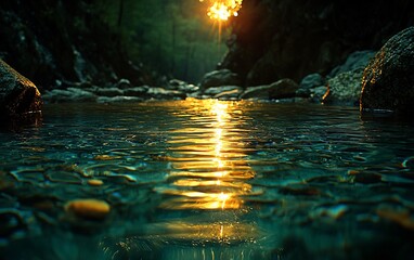 Sunlit river flowing through a rocky canyon.
