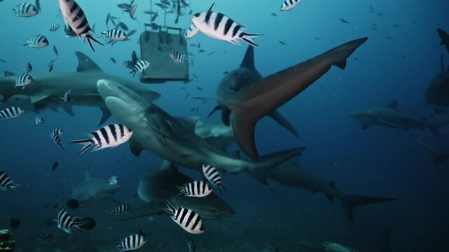 Close-up gray bull shark swimming, feeding underwater in ocean of Tonga. Shark diving safari tourism. Divers feed school of sharks Carcharhinus leucas in underwater marine wildlife of Pacific Ocean.