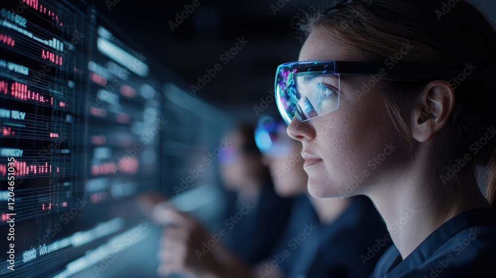 Poster woman analyzing data using augmented reality glasses in lab