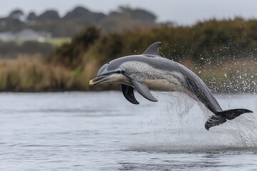 Fototapeta premium Joyful Dolphins Leaping Through the Water in a Serene Coastal Environment. Generative AI