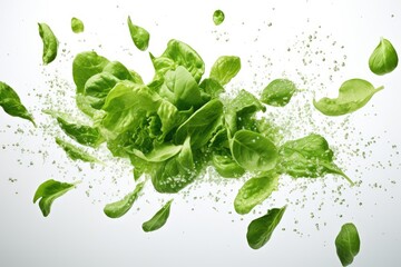 Obraz premium High resolution image of green leaves falling in zero gravity on white background representing fresh raw cherries