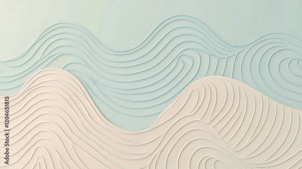 Poster abstract relief artwork depicting soft waves in pastel tones, showcasing a calming oceanic theme and