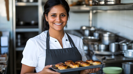 A smiling female chef proudly presents a tray of freshly baked pastries in a professional kitchen setting.