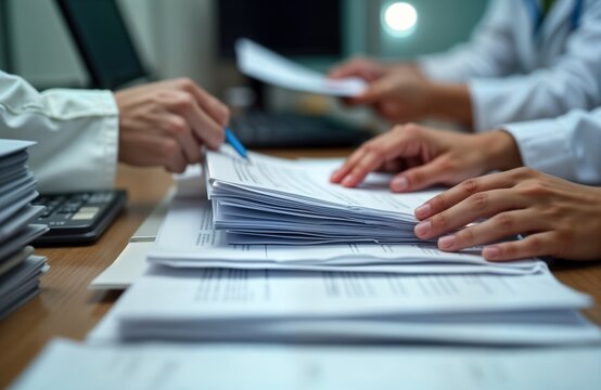 Medical billing staff meticulously handling stacks of documents. Focused personnel review, process medical bills. Administrative staff in office environment. Potential financial document analysis
