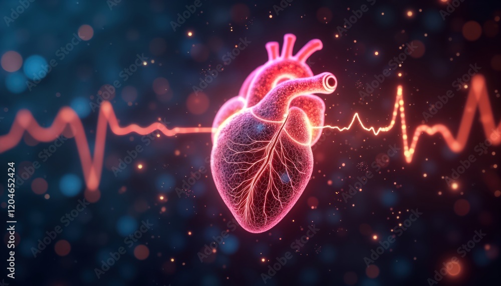 Poster Abstract digital heart with glowing lines on dark background. Digital heart graphic shows energy pulse. Futuristic tech illustration. Dynamic energy flow. Modern design for tech, medical