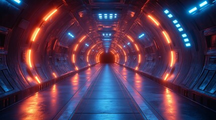 Neon Tunnel: Futuristic Sci-Fi Corridor with Vibrant Orange and Blue Lights