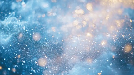 Fototapeta premium Ethereal droplets and golden sparks dance amidst a dreamy, blurred backdrop of celestial blues and whites.