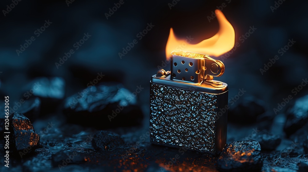 Poster a silver lighter with a flame igniting on a dark background with rocks.