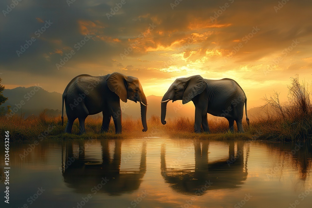 Poster elephants interact at a tranquil watering hole during golden hour in the savannah. generative ai