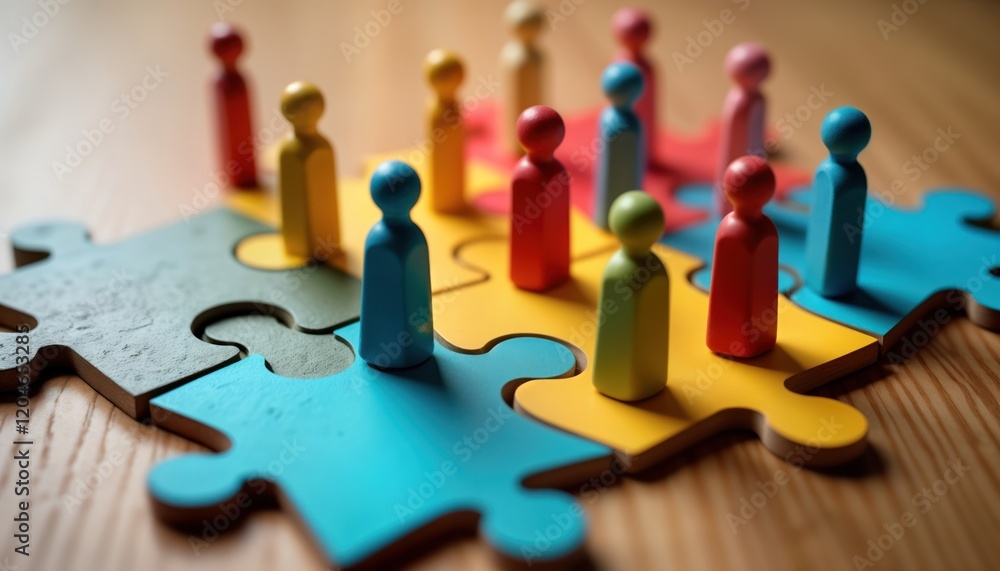 Wall mural Colorful wooden figures represent diverse people connecting on jigsaw pieces. Teamwork, diversity concept visualizes HR strategies for inclusive workplace cultures. Different colored figures connect