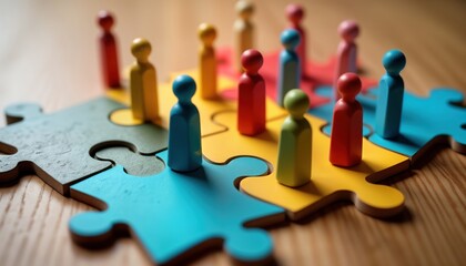 Colorful wooden figures represent diverse people connecting on jigsaw pieces. Teamwork, diversity concept visualizes HR strategies for inclusive workplace cultures. Different colored figures connect