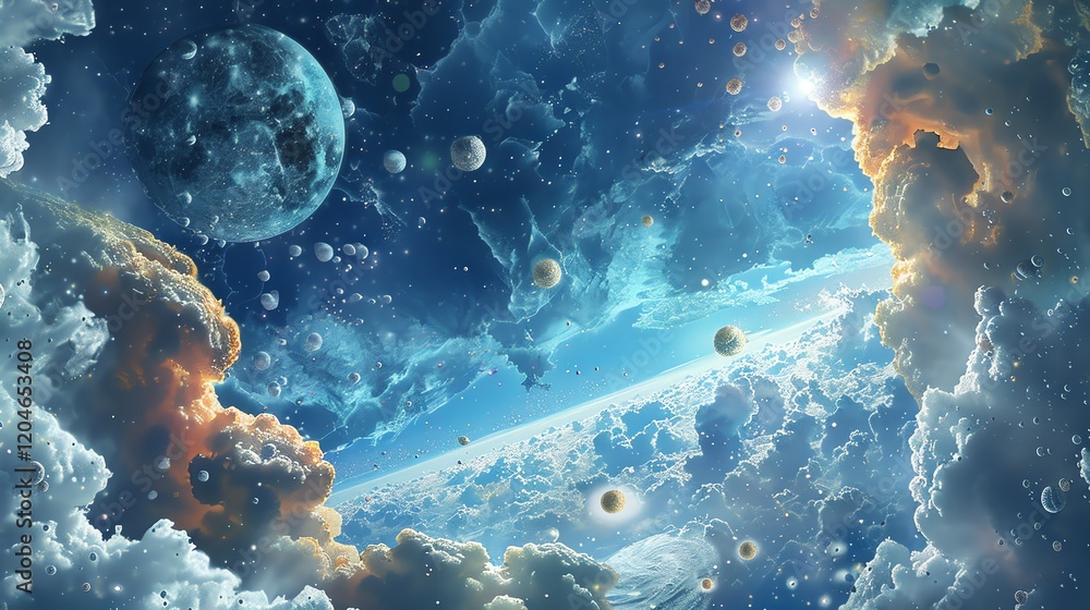Poster the image is a beautiful depiction of a distant, alien world. the planet is covered in clouds, and t