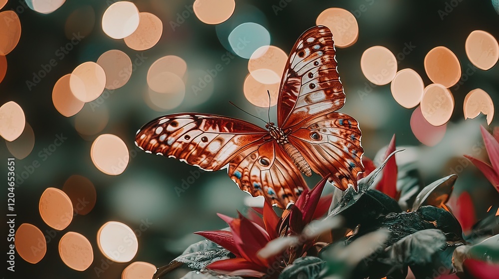 Poster a vibrant orange butterfly with intricate wing patterns rests on a red flower against a bokeh backgr