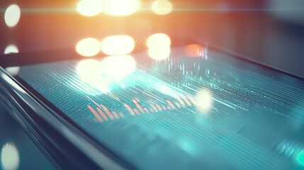 Abstract data visualization on a futuristic tablet screen, showcasing dynamic graphs and glowing lines.