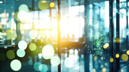 Abstract digital data overlay on blurred modern office background.