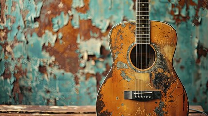Weathered Acoustic Guitar Against Rusted Metal Background