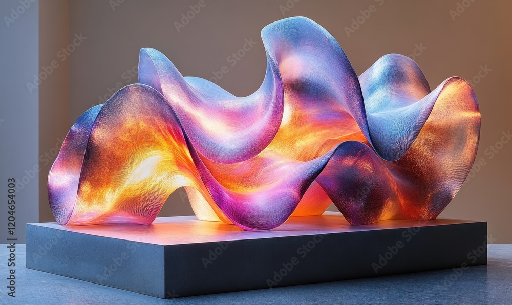 Poster futuristic abstract sculpture with flowing ribbons in gradient blues and purples