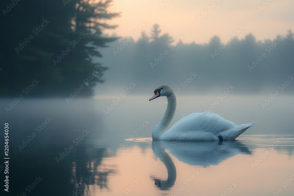 Poster serene swan glides across calm lake at sunrise creating a tranquil reflection. generative ai