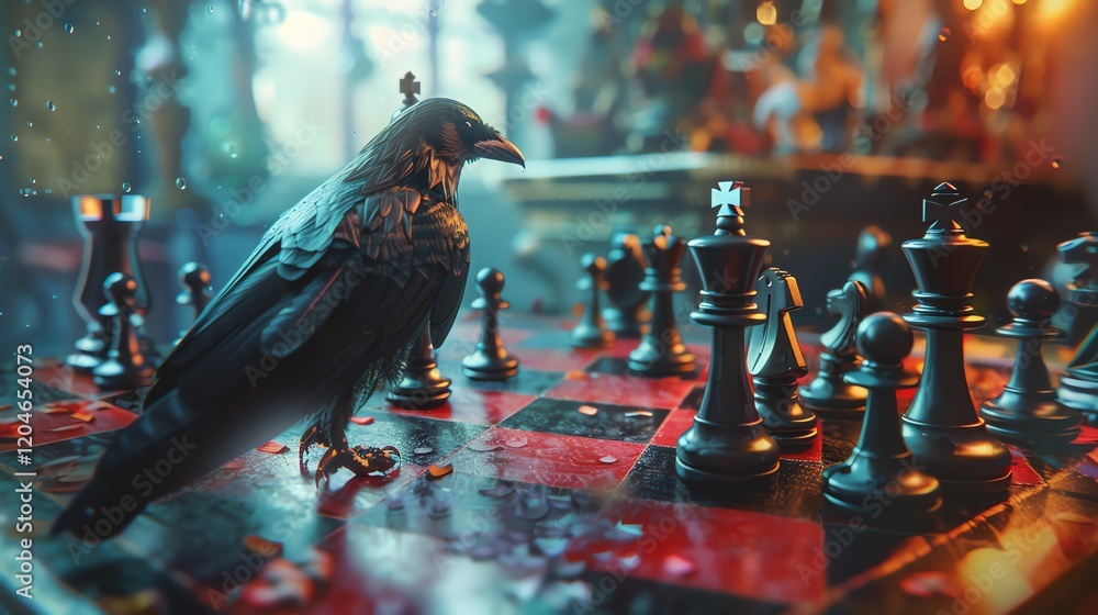 Poster a dark chessboard with black pieces and a single raven standing on the board. the raven is looking a