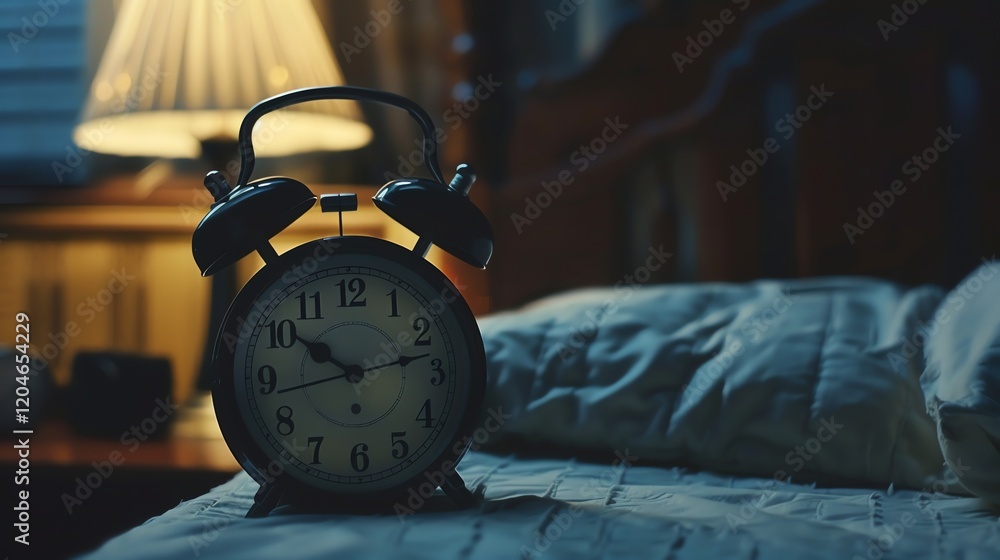 Poster a close-up of an alarm clock on a bed with a lamp in the background. the clock is black with two bel