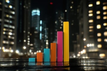 Vibrant Bar Graph with Colorful Blocks Against a Night Cityscape Background Reflecting Business Growth and Success in Data Visualization