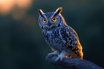 Striking Owl Perched on a Branch at Twilight With a Captivating Gaze. Generative AI