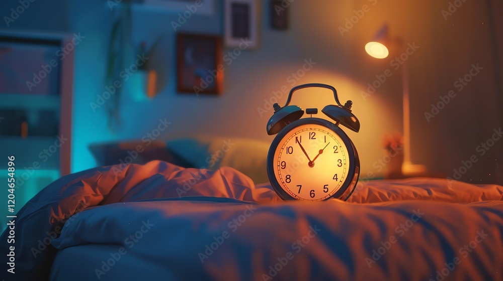 Poster retro alarm clock on the bed with a warm lamp in the background. the clock shows it is 5:03 am. the 