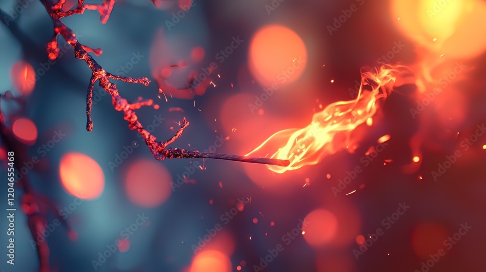 Poster burning twig with bokeh background, magical fire.