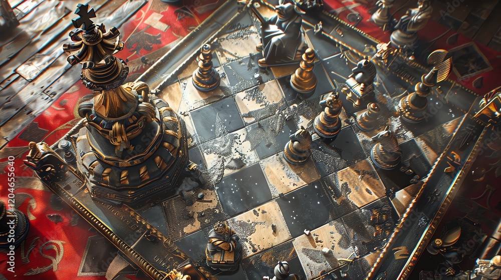 Aufkleber 3d rendering of a chessboard with black and white pieces. the chessboard is made of marble and the p