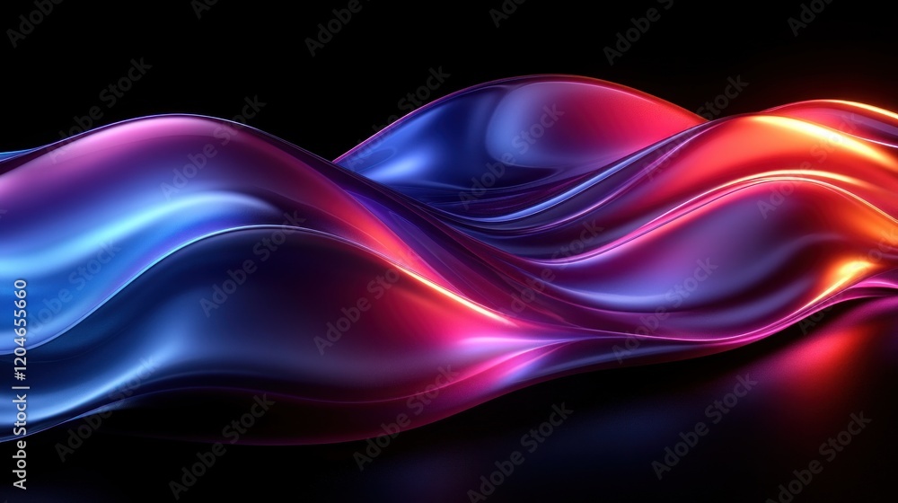 Poster iridescent abstract composition with curves and reflections on dark background