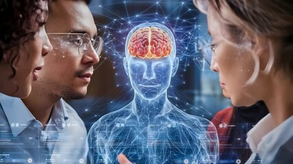 Diverse team analyzing brain interface a collaborative exploration of human cognition - Powered by Adobe