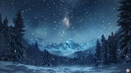 Snowy Mountain Winter Night Scene With Snow Falling
