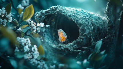 In a mystical woodland, a butterfly rests by a hollow, surrounded by blooming flora, radiating ethereal beauty.