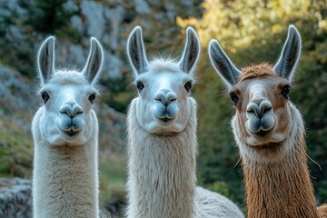 Obraz premium Llamas Exploring Picturesque Mountain Landscape Under a Clear Sky. Generative AI