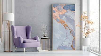 Lavender armchair, abstract art, modern room, winter view