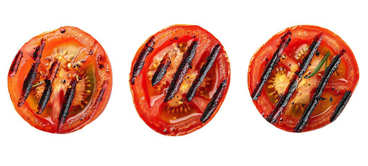 Fried tomato slices on transparent background, top view. high resolution PNG file