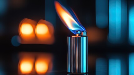 Close-up of a metallic lighter with a vibrant blue and orange flame against a blurred city night background.