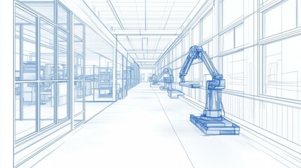 Obraz premium Industrial automation technical illustration of robotics in factory environments
