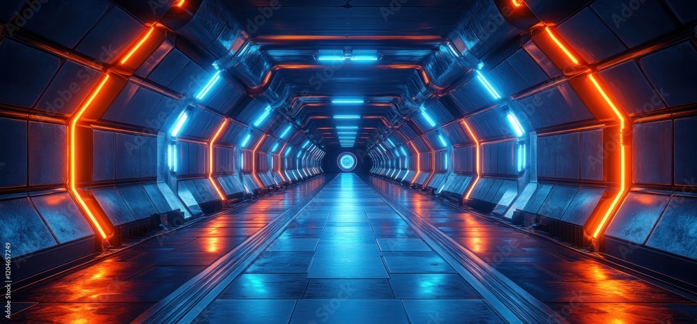 Poster futuristic cyberpunk corridor with blue neon lights and symmetrical hexagonal patterns