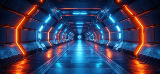 Futuristic Cyberpunk Corridor with Blue Neon Lights and Symmetrical Hexagonal Patterns