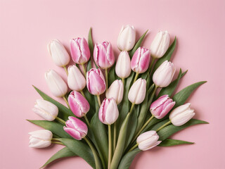 Obraz premium Abstract minimal Composition of pink and white tulips bouquet on a pink background