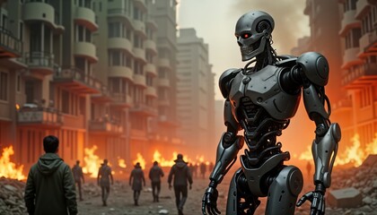 Naklejka premium Fierce futuristic war scene. Android warrior stands amid city ruins. Fire engulfs buildings. Humans flee. Dramatic conflict. AI versus humans. Desolation. Concept art. Post-apocalyptic cityscape.