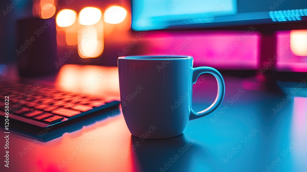 Aufkleber coffee mug on desk with keyboard and illuminated computer screens at night.