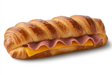 Freshly Baked Croissant Filled with Slices of Ham and Cheddar Cheese Served on a White Background for Delicious Recipe and Product Promotion