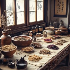 Traditional Chinese herbal medicine in a pottery, close-up.