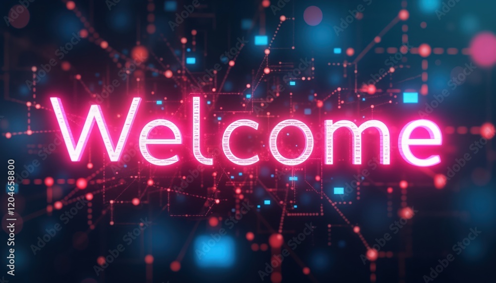 Poster pink glowing word welcome on digital tech background. futuristic design for events web. digital gree