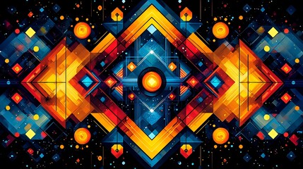 Abstract geometric artwork with vibrant orange, red, and blue shapes.