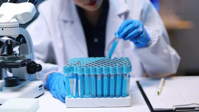 Scientist in a lab coat and gloves compares test tubes filled with blue liquid, conducting research in a well-equipped laboratory environment focused on scientific analysis.