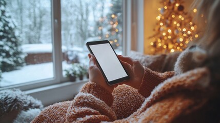 Close-Up Woman Hand Smartphone Touching Blank Screen Minimalist Style Natural Lighting